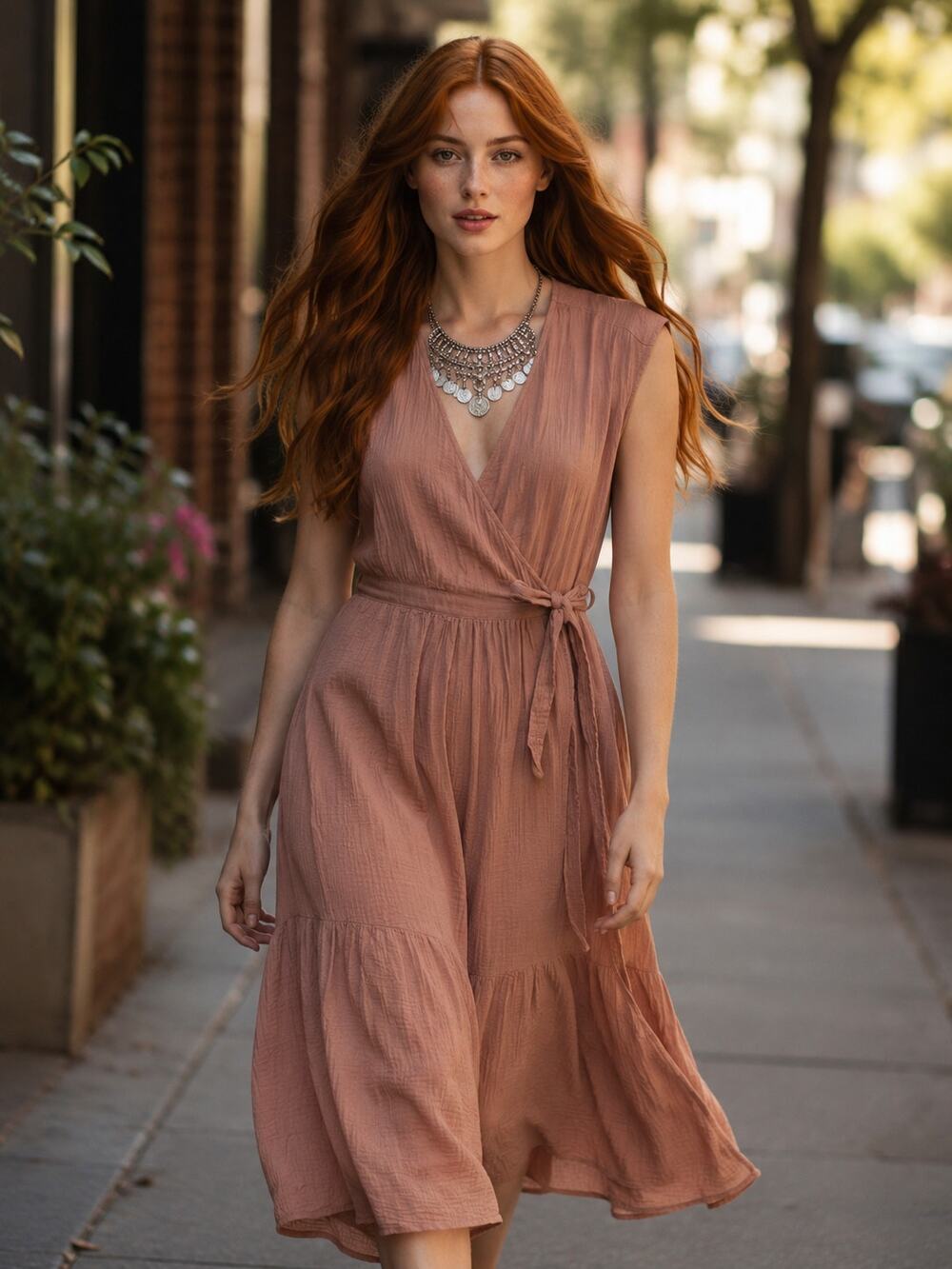Dan177 Universal Thread XS Gauze Wrap Midi Dress Blush Tie Waist Tiered Cotton